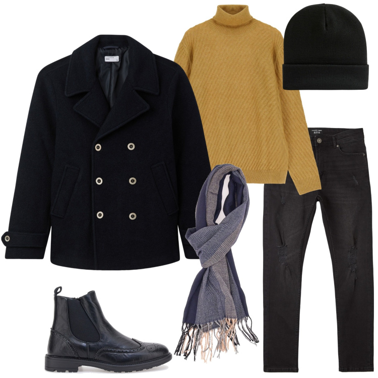 Outfit uomo - Il freddo di febbraio. Stile Urban per Tutti i giorni. Abbinamento con cappotti, jeans strappati, berretti, maglieria, sciarpe, stivali e stivaletti.