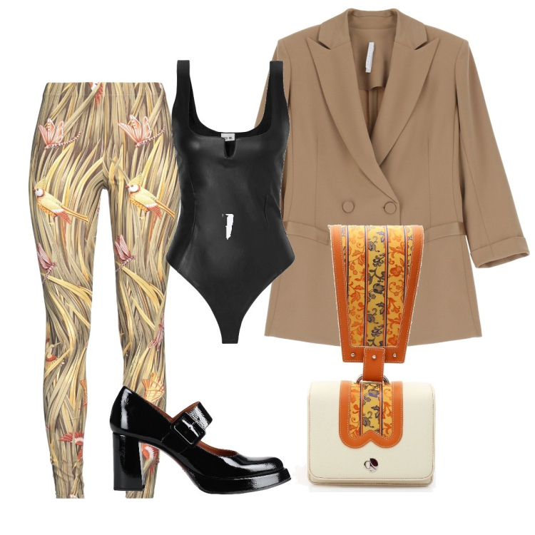 Outfit donna - Come saper osare. Stile Trendy per Serata fuori. Abbinamento con body, décolleté, leggings, blazer, borse a mano.