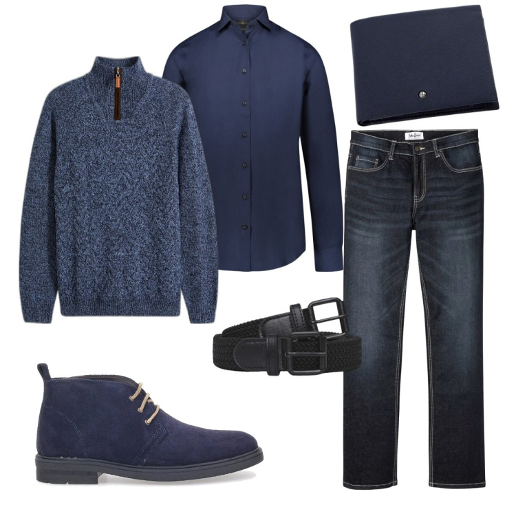 Outfit uomo - Martedì casual in ufficio. Stile Casual per Ufficio. Abbinamento con jeans bootcut, maglieria, cinture, portafogli, camicie, scarpe stringate.