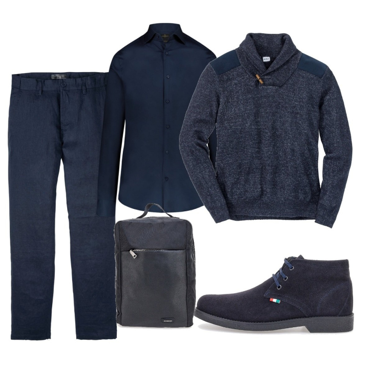 Outfit uomo - Fuori sede per lavoro. Stile Trendy per Tutti i giorni. Abbinamento con pantaloni, maglieria, camicie, scarpe stringate, borse sportive.