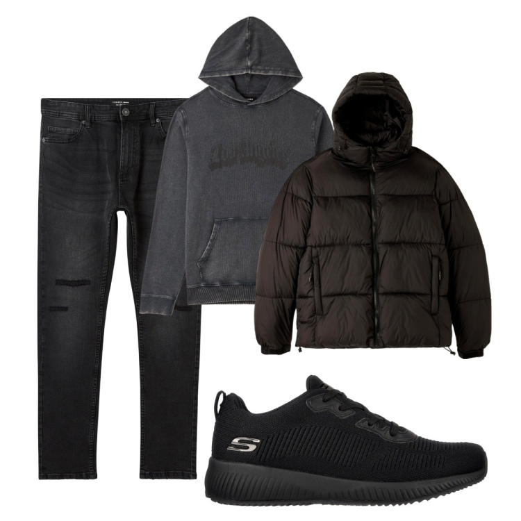 Outfit uomo - Total look #2057118. Stile Casual per Tutti i giorni. Abbinamento con jeans strappati, piumini, felpe con cappuccio, sneakers.