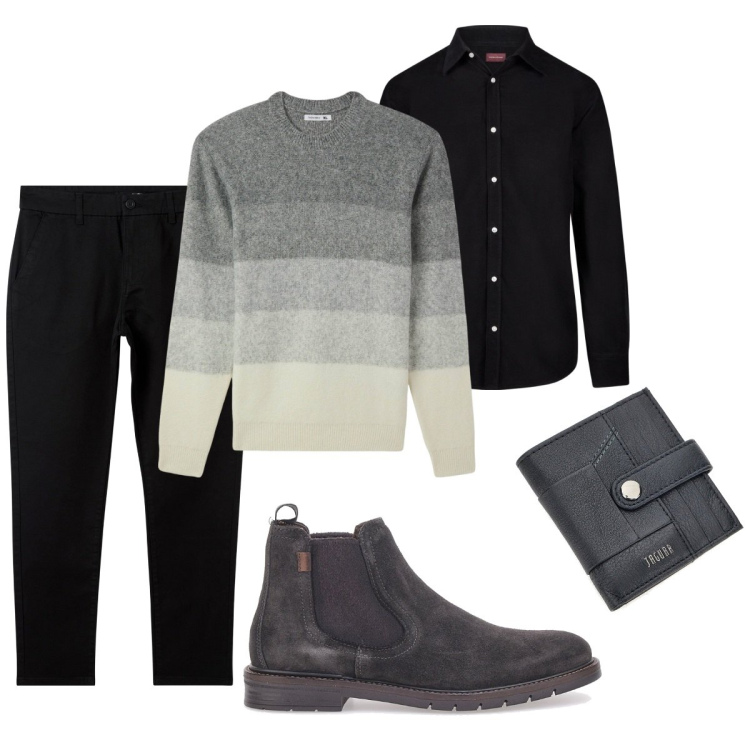Outfit uomo - Total look #2057120. Stile Trendy per Tutti i giorni. Abbinamento con maglieria, pantaloni chino, portafogli, stivali e stivaletti, camicie.