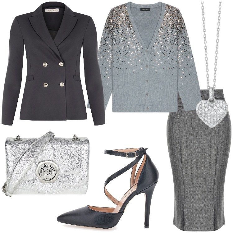 Outfit donna - Dettagli metallici per brillare. Stile Chic per Serata fuori. Abbinamento con borse a tracolla, collane, blazer, gonne lunghe, décolleté, cardigans.