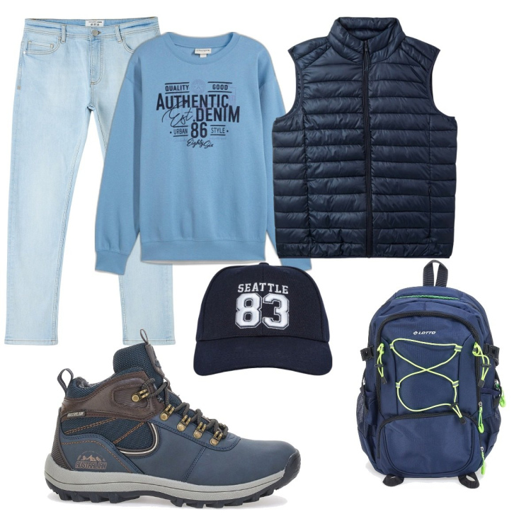 Outfit uomo - Domenica fuori città. Stile Casual per Tutti i giorni. Abbinamento con felpe, jeans skinny, piumini, cappelli, stivali e stivaletti, borse sportive.