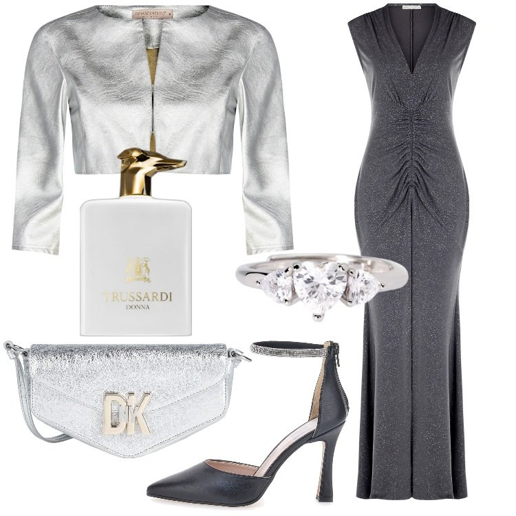 Outfit donna - Brillare. Stile Glamour per Serata fuori. Abbinamento con borse a tracolla, profumi, anelli, bolero, vestiti lunghi, décolleté.