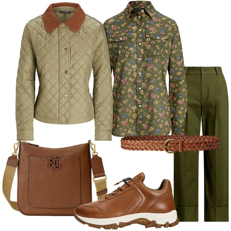 Outfit donna - I colori del bosco. Stile Basic per Tutti i giorni. Abbinamento con borse a tracolla, sneakers, cinture, giacche, camicie, pantaloni.
