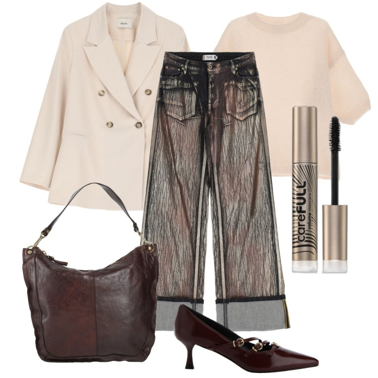 Outfit donna - Mascara sempre in borsa. Stile Casual chic per Ufficio. Abbinamento con borse a spalla, mascara, pantaloni, décolleté, blazer, maglieria.