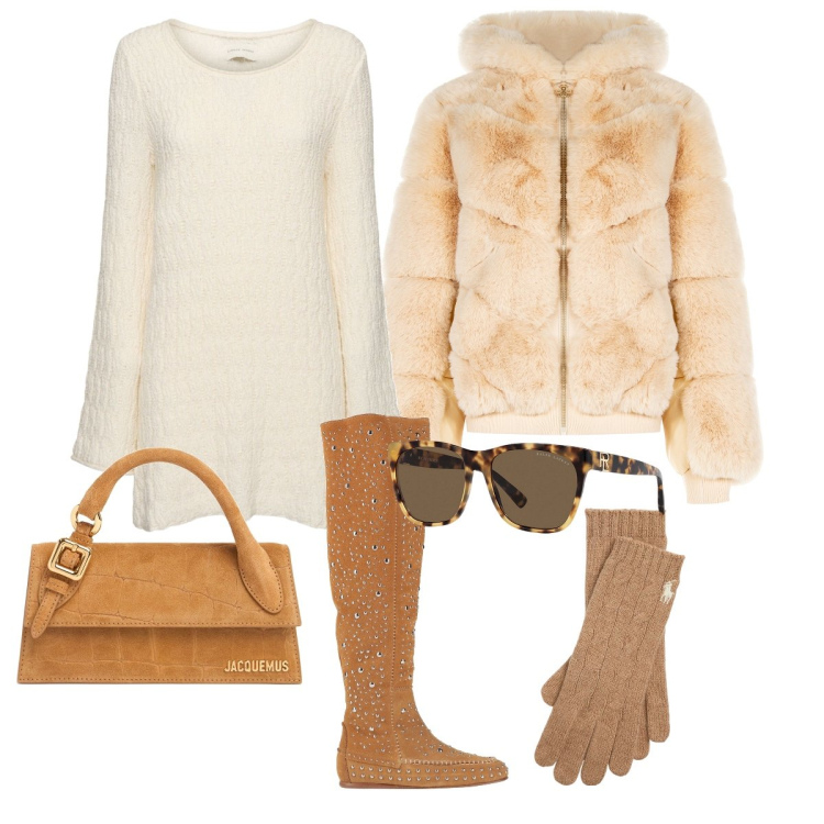 Outfit donna - Glamour in passeggiata. Stile Glamour per Tutti i giorni. Abbinamento con stivali, blazer, guanti, occhiali da sole, vestiti, borse a mano.