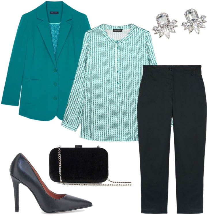 Outfit donna - Verde acqua. Stile Bon Ton per Cerimonia. Abbinamento con pochette, orecchini, décolleté, blazer, pantaloni, bluse.