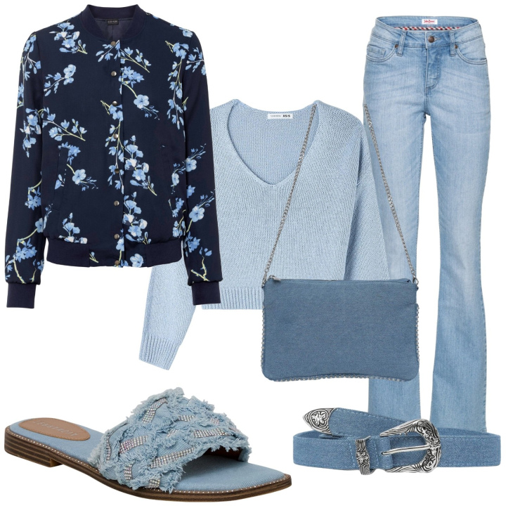 Outfit donna - Nel blu. Stile Casual chic per Tutti i giorni. Abbinamento con bomber, jeans bootcut, borse a tracolla, maglieria, ciabatte, cinture.