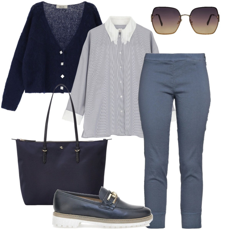 Outfit donna - In giro per negozi. Stile Casual chic per Tutti i giorni. Abbinamento con pantaloni skinny, occhiali da sole, camicie, cardigans, borse tote, mocassini.