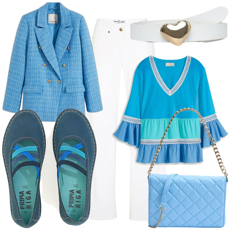 Outfit donna - Celestina. Stile Chic per Ufficio. Abbinamento con blazer, jeans, maglieria, cinture, borse a tracolla, ballerine.