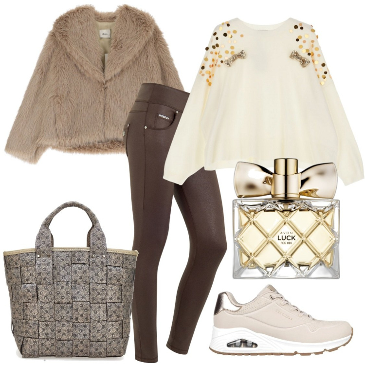 Outfit donna - Weekend coi fiocchi. Stile Casual chic per Tutti i giorni. Abbinamento con profumi, jeans skinny, maglieria, blazer, sneakers, borse a mano.