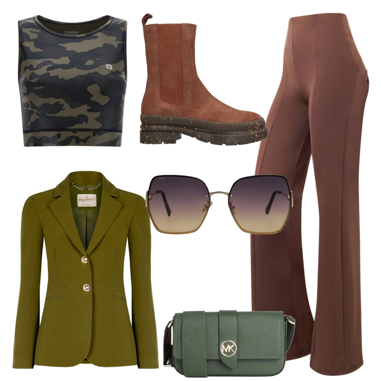 Outfit donna - Total look #2057176. Stile Military per Tutti i giorni. Abbinamento con stivaletti, borse a tracolla, occhiali da sole, blazer, pantaloni skinny, top sportivi.