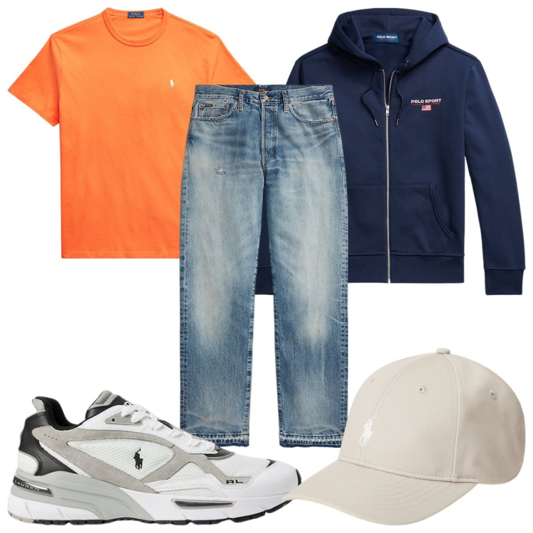 Outfit uomo - Total look #2057183. Stile Trendy per Tutti i giorni. Abbinamento con t-shirt, jeans dritti, felpe con cappuccio, cappelli, sneakers.