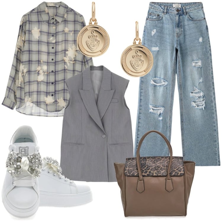 Outfit donna - Gilet grigio e jeans, casual chic. Stile Casual chic per Tutti i giorni. Abbinamento con jeans strappati, camicie, gilet, orecchini, sneakers, borse a mano.