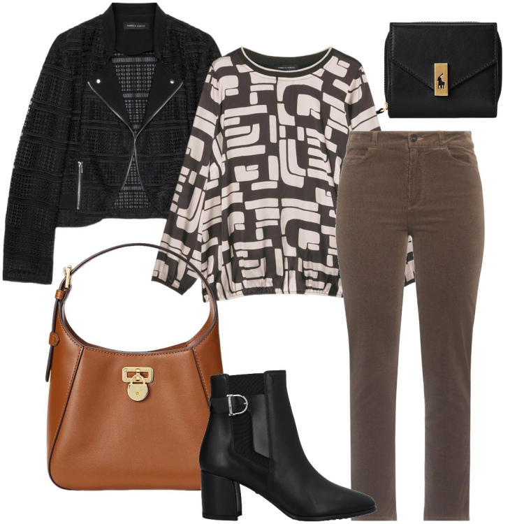 Outfit donna - Fantasia geometrica. Stile Casual chic per Serata fuori. Abbinamento con pantaloni, stivaletti, portafogli, borse a tracolla, t-shirt, blazer.