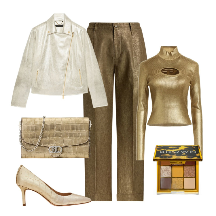 Outfit donna - Ventata di glamour!. Stile Glamour per Serata fuori. Abbinamento con maglieria, ombretti, borse a tracolla, décolleté, pantaloni, blazer.