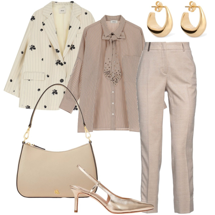 Outfit donna - Fantasie a contrasto. Stile Chic per Cerimonia. Abbinamento con pantaloni, borse a spalla, décolleté, camicie, blazer, orecchini.