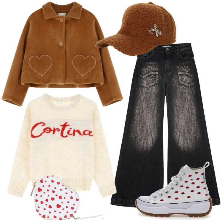 Outfit donna - A lezione. Stile Trendy per Scuola/Università. Abbinamento con portafogli, jeans a zampa, maglieria, cappelli, blazer, sneakers.