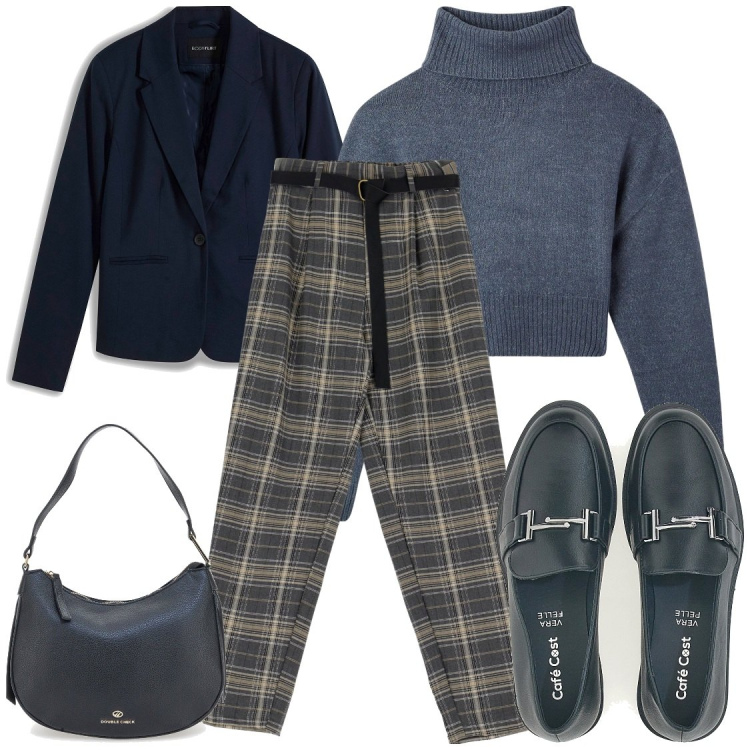 Outfit donna - Inglish lession. Stile Casual chic per Ufficio. Abbinamento con blazer, maglieria, pantaloni, mocassini, borse a spalla.