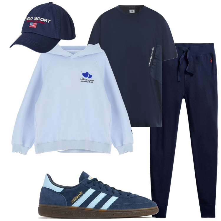 Outfit uomo - Corsa nel parco. Stile Casual per Sport. Abbinamento con t-shirt, felpe con cappuccio, pantaloni, berretti, sneakers.
