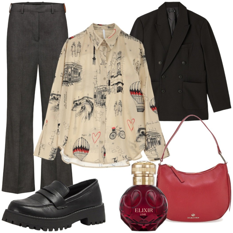 Outfit donna - Camicia protagonista. Stile Urban per Ufficio. Abbinamento con profumi, mocassini, giacche, camicie, pantaloni, borse a tracolla.