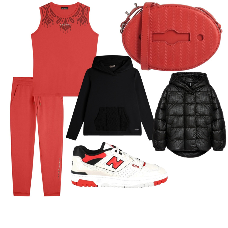 Outfit donna - In aeroporto. Stile Sporty chic per Tutti i giorni. Abbinamento con sneakers, borse a tracolla, pantaloni sportivi, top sportivi, felpe con cappuccio, piumini.