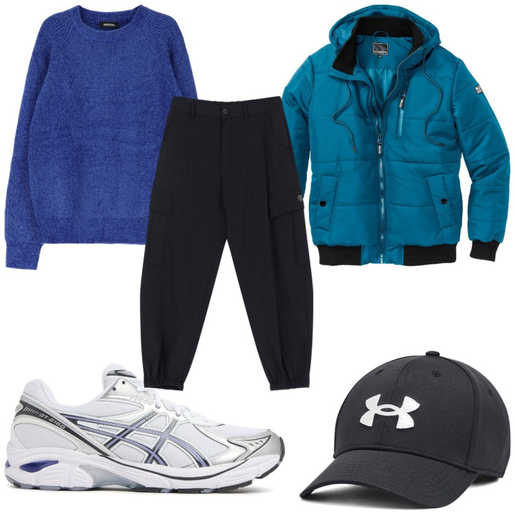 Outfit uomo - Total look #2057257. Stile Trendy per Tutti i giorni. Abbinamento con bomber, maglieria, pantaloni cargo, cappelli, sneakers.