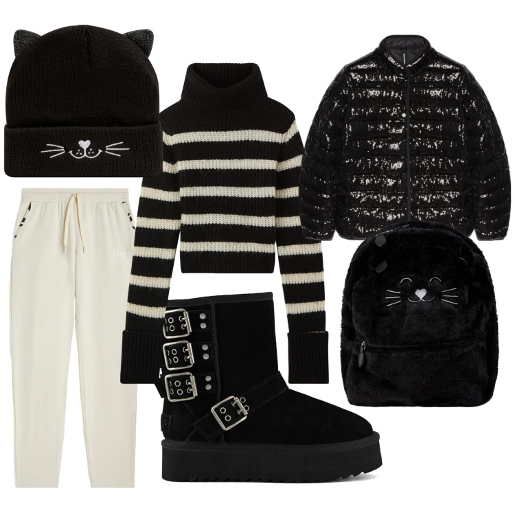 Outfit donna - Cinema infra settimanale. Stile Sporty chic per Serata fuori. Abbinamento con berretti, maglieria, zaini, pantaloni sportivi, piumini, stivaletti.