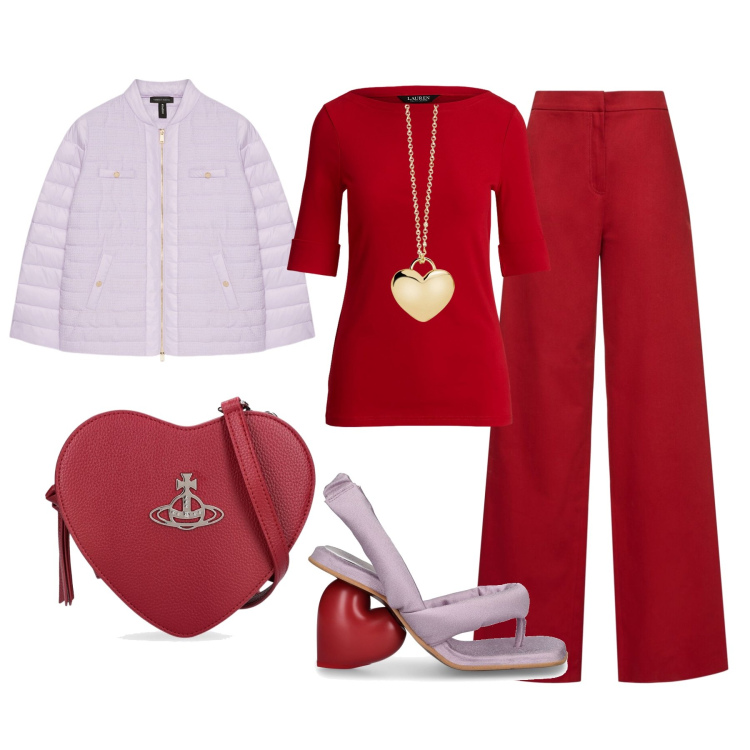 Outfit donna - X San Valentino. Stile Casual chic per Serata fuori. Abbinamento con collane, t-shirt, piumini, sandali col tacco, borse a spalla, pantaloni.