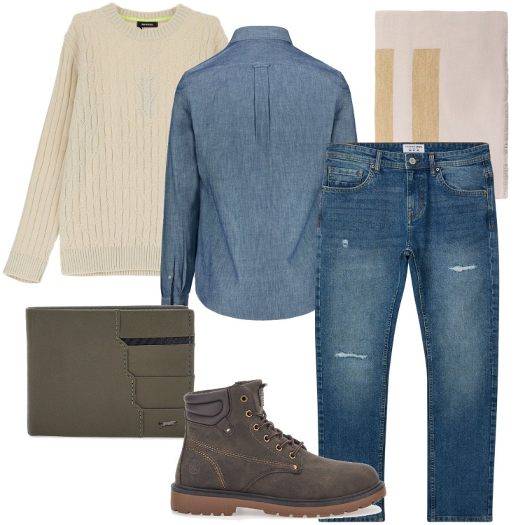 Outfit uomo - La camicia in denim. Stile Casual per Tutti i giorni. Abbinamento con jeans strappati, maglieria, sciarpe e foulard, portafogli, camicie, stivali e stivaletti.