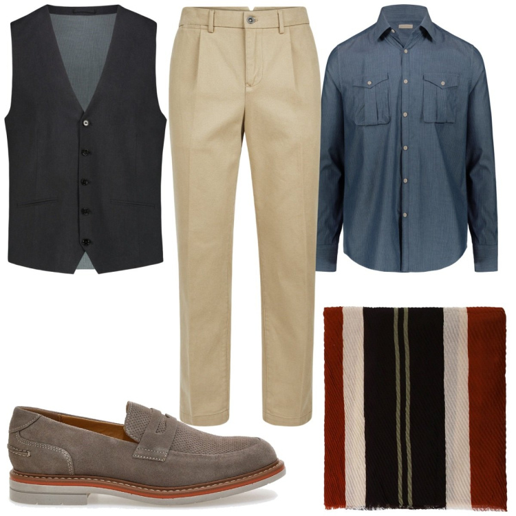 Outfit uomo - Total look #2057262. Stile Trendy per Tutti i giorni. Abbinamento con sciarpe e foulard, camicie, pantaloni, scarpe stringate, gilet.