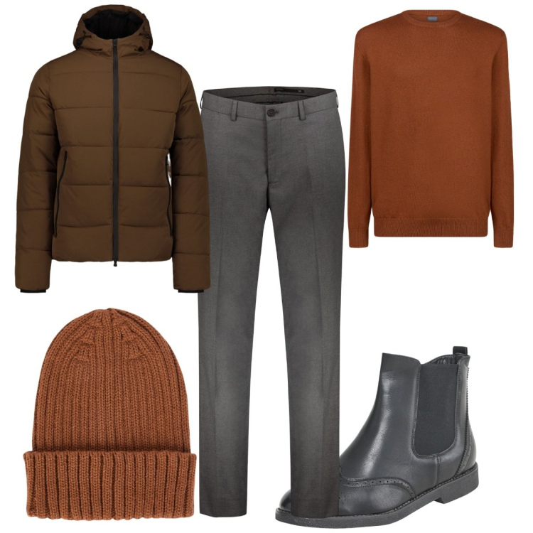 Outfit uomo - Total look #2057264. Stile Casual per Tutti i giorni. Abbinamento con stivali e stivaletti, piumini, pantaloni, maglieria, berretti.