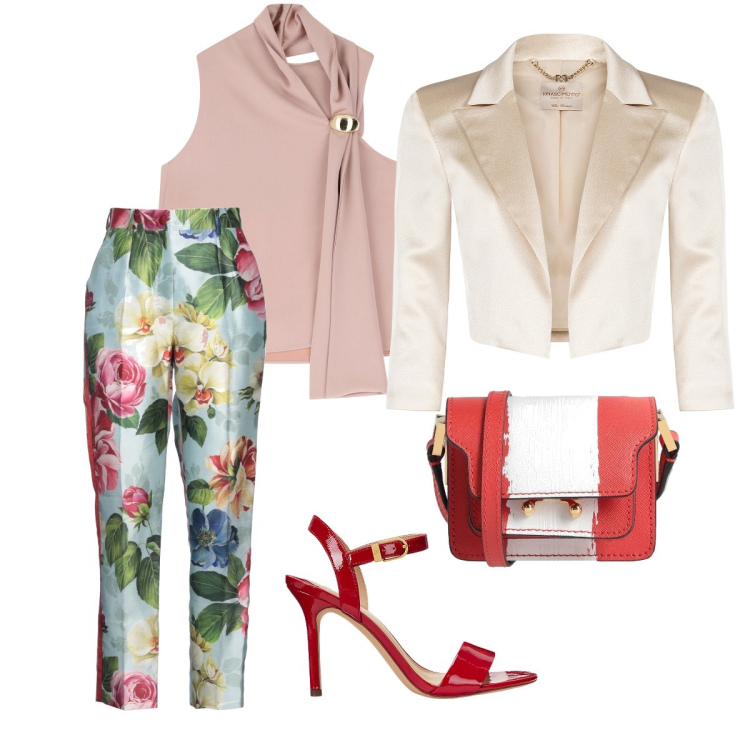 Outfit donna - Invitata ad una comunione. Stile Romantica per Cerimonia. Abbinamento con pantaloni, borse a tracolla, bolero, top, sandali col tacco.