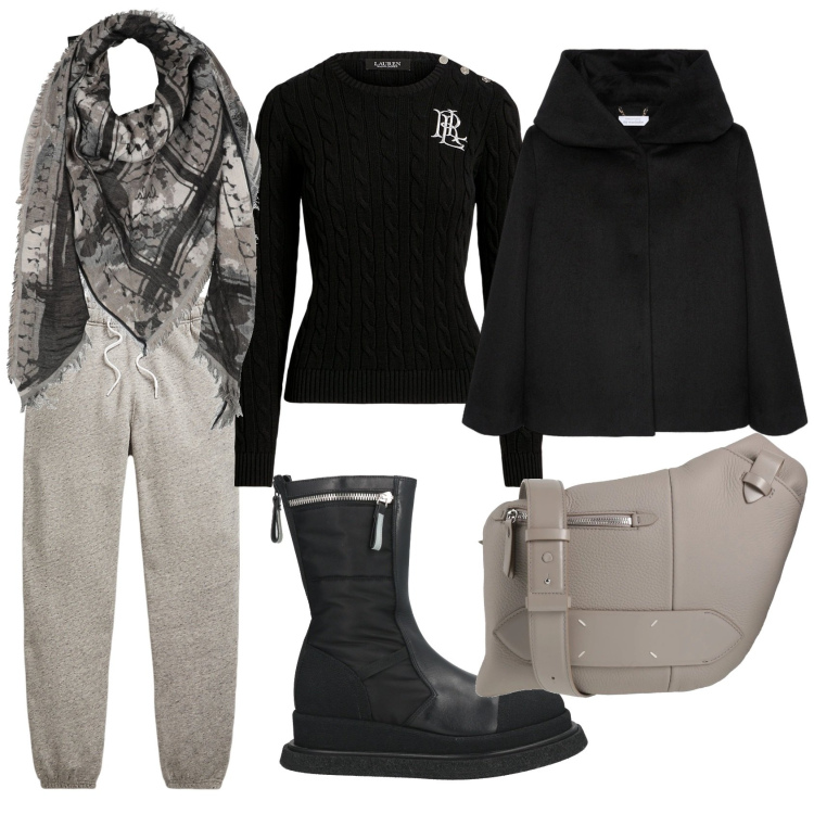 Outfit donna - Tisana in centro. Stile Sporty chic per Tutti i giorni. Abbinamento con stole, stivaletti, borse a tracolla, maglieria, pantaloni sportivi, cappe.