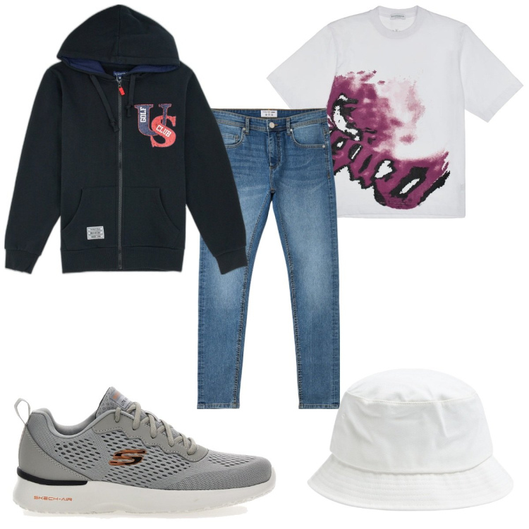Outfit uomo - Total look #2057270. Stile Trendy per Tutti i giorni. Abbinamento con jeans skinny, cappelli, t-shirt, felpe con cappuccio, sneakers.