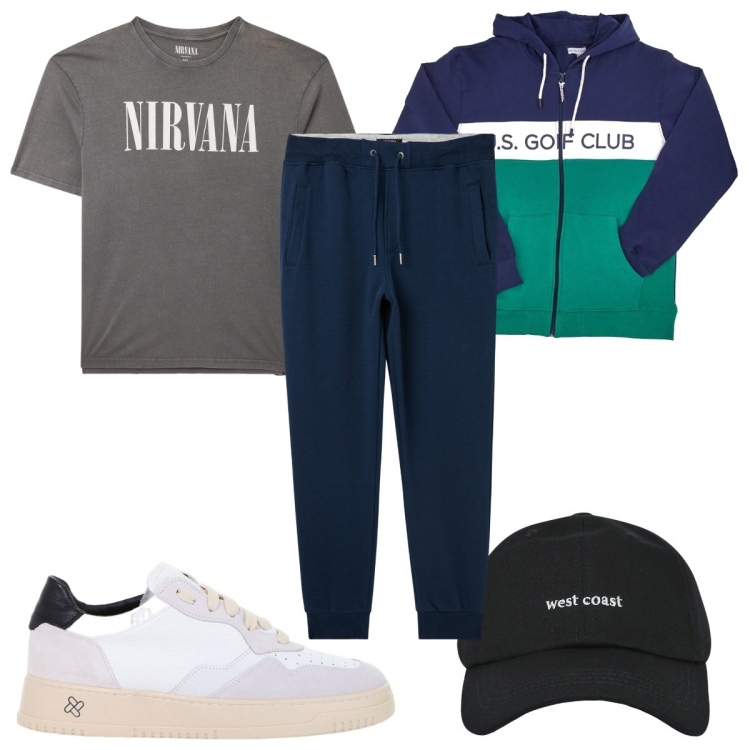 Outfit uomo - Total look #2057273. Stile Trendy per Sport. Abbinamento con t-shirt, pantaloni, cappelli con visiera, sneakers, felpe con cappuccio.