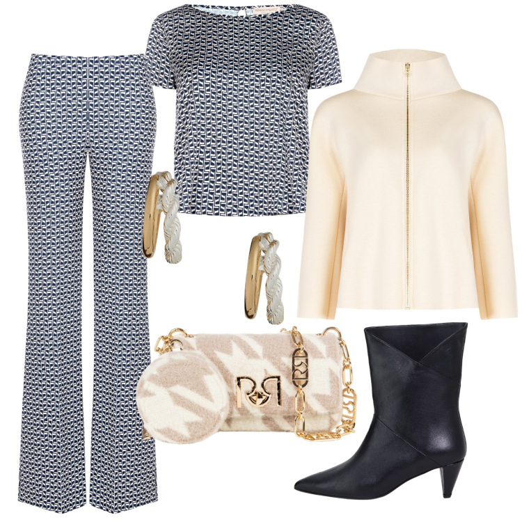 Outfit donna - Micro fantasie. Stile Chic per Cerimonia. Abbinamento con stivaletti, pantaloni, bluse, cappe, borse a tracolla, orecchini.