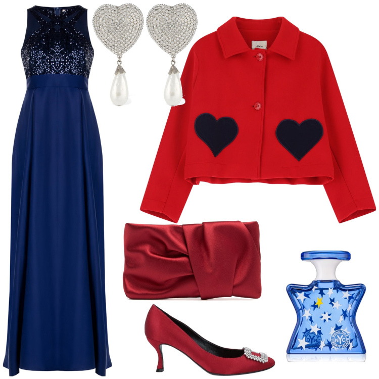 Outfit donna - Romanticismo allo stato più puro. Stile Glamour per Serata fuori. Abbinamento con décolleté, profumi, blazer, vestiti lunghi, orecchini, pochette.