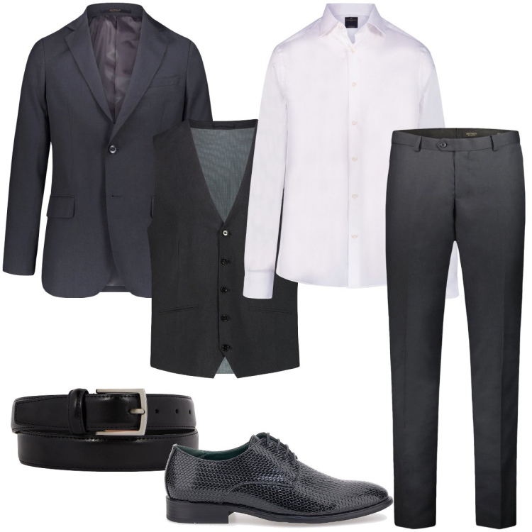 Outfit uomo - Più completo di così. Stile Business/Elegante per Cerimonia. Abbinamento con scarpe stringate, camicie, gilet, giacche, pantaloni, cinture.