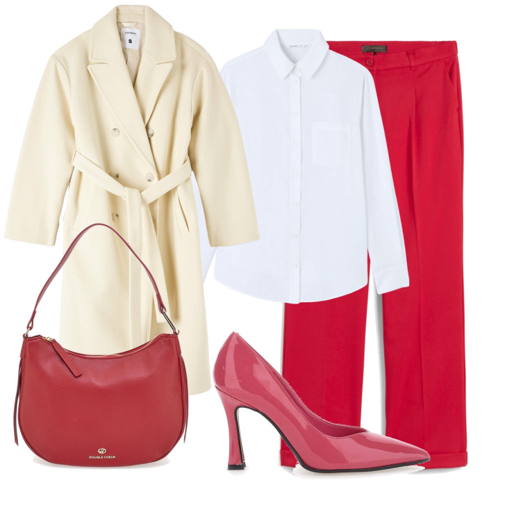 Outfit donna - In rosso x San Valentino. Stile Chic per Serata fuori. Abbinamento con pantaloni, cappotti, camicie, décolleté, borse a tracolla.