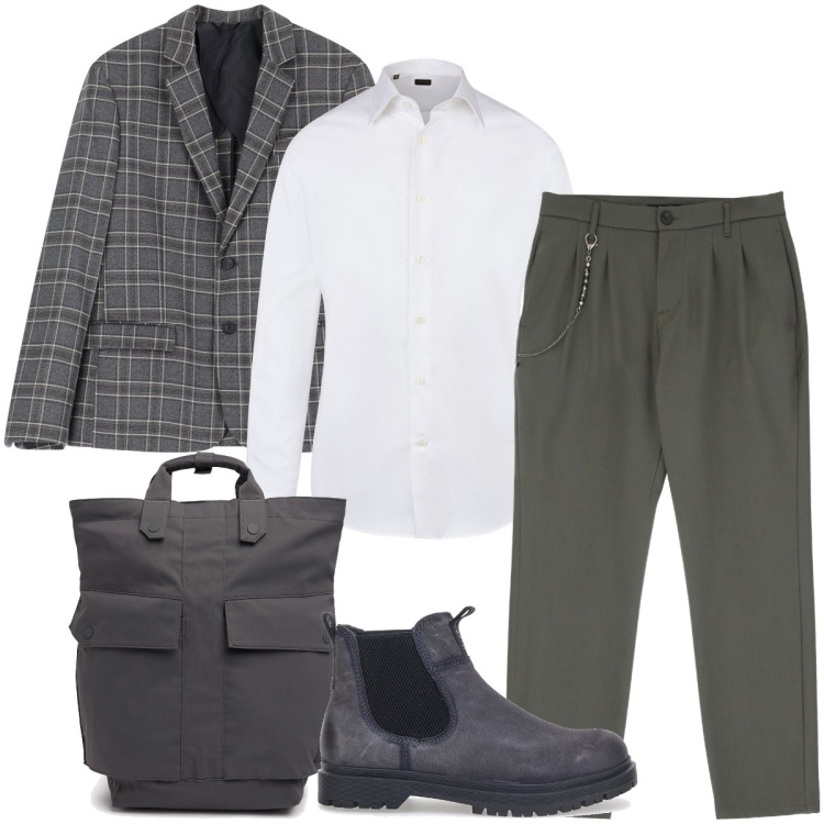 Outfit uomo - In ufficio. Stile Business/Elegante per Ufficio. Abbinamento con pantaloni, giacche, stivali e stivaletti, camicie, borse sportive.