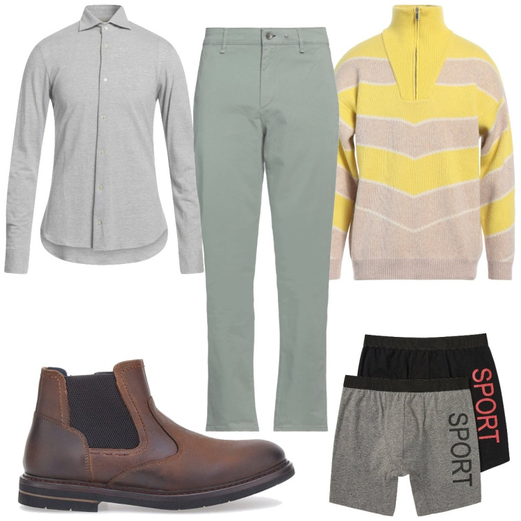 Outfit uomo - Total look #2057282. Stile Trendy per Tutti i giorni. Abbinamento con boxer, camicie, pantaloni, maglieria, stivali e stivaletti.