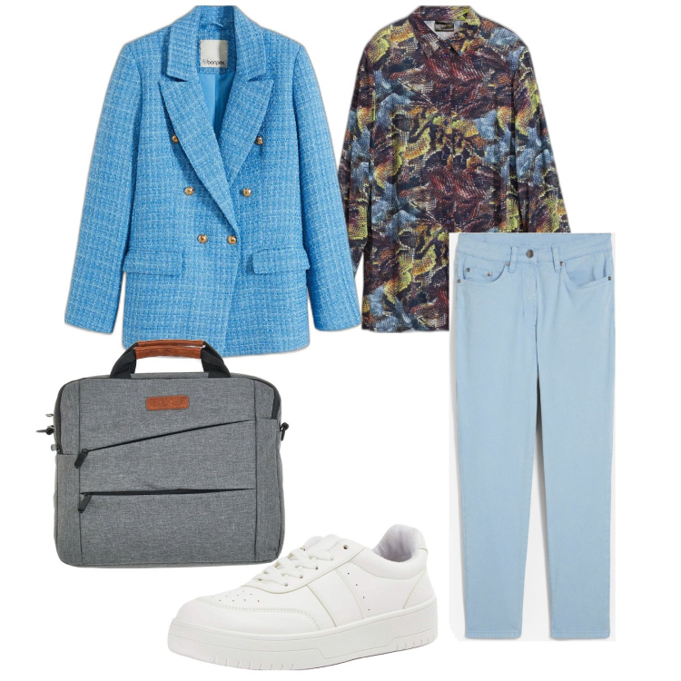 Outfit donna - In ufficio comoda. per Ufficio. Abbinamento con blazer, camicie, pantaloni, sneakers, borse a mano.