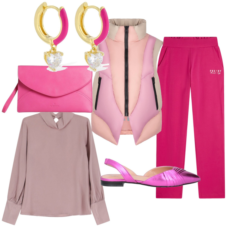 Outfit donna - Total look. Stile Trendy per Serata fuori. Abbinamento con ballerine, borse a mano, pantaloni, camicie, piumini, orecchini.
