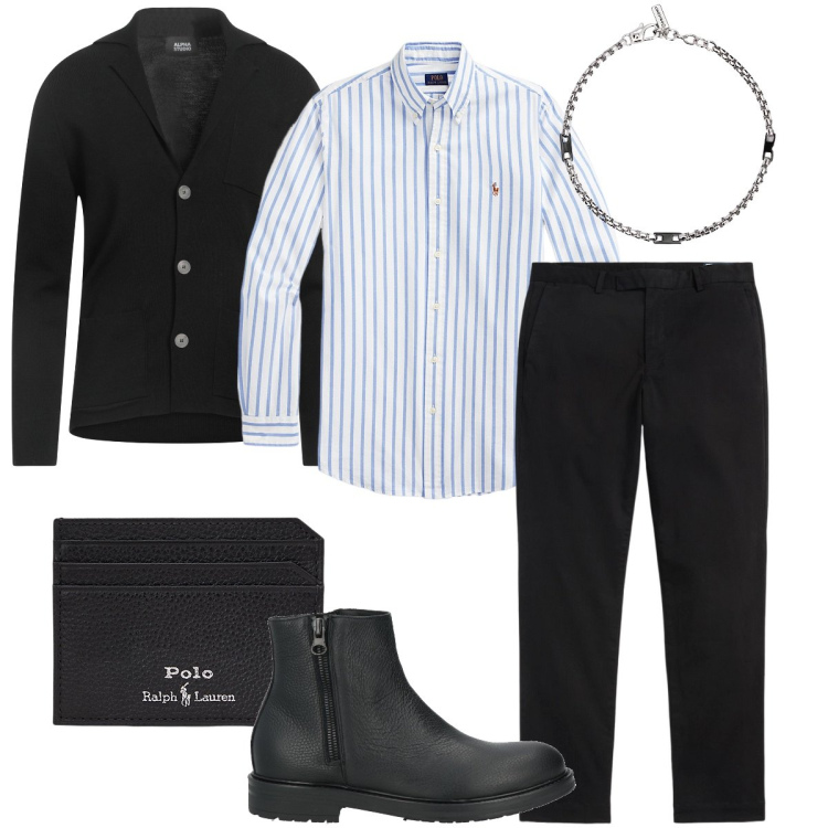 Outfit uomo - Sabato sera. Stile Business/Elegante per Serata speciale. Abbinamento con stivali e stivaletti, cardigans, braccialetti, camicie, portafogli, pantaloni.