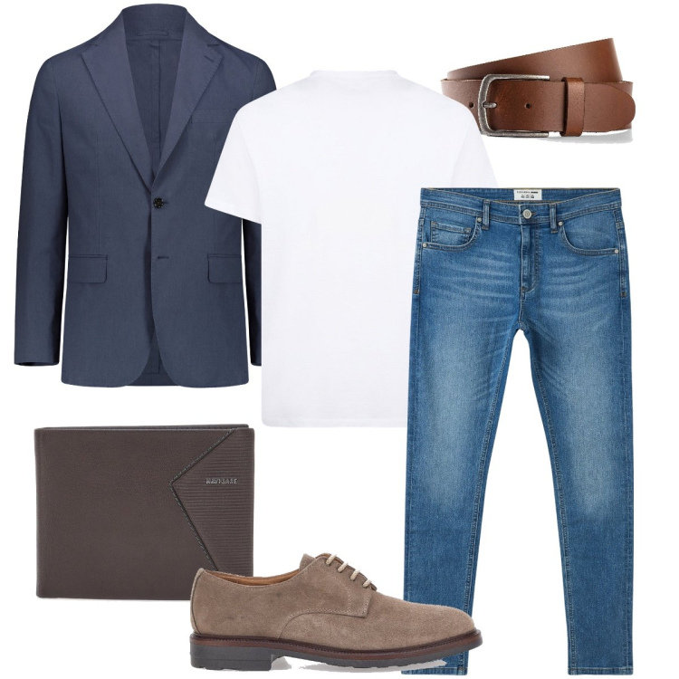 Outfit uomo - Elegante con la t-shirt bianca. Stile Urban per Ufficio. Abbinamento con cinture, jeans slim fit, scarpe stringate, portafogli, giacche, t-shirt.