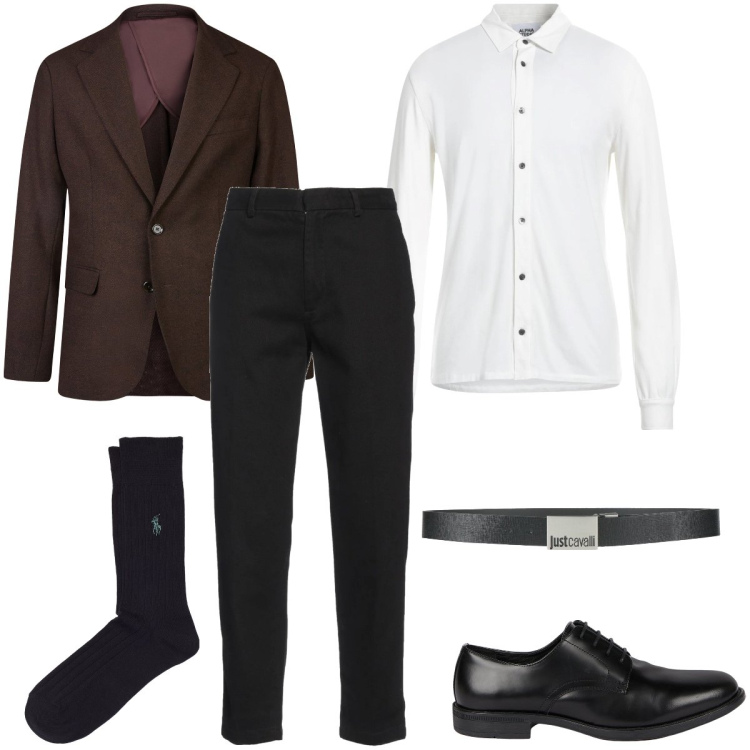 Outfit uomo - Pranzo della domenica. Stile Business/Elegante per Serata speciale. Abbinamento con cinture, camicie, pantaloni, calzini, giacche, scarpe stringate.