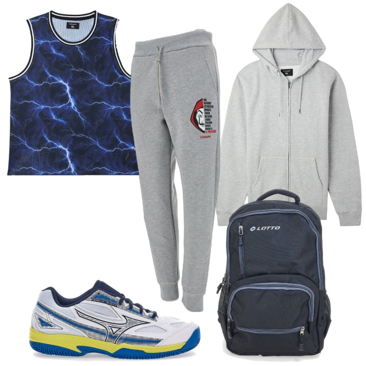 Outfit uomo - Total look #2057294. Stile Trendy per Sport. Abbinamento con canottiere, felpe con cappuccio, pantaloni, borse sportive, sneakers.